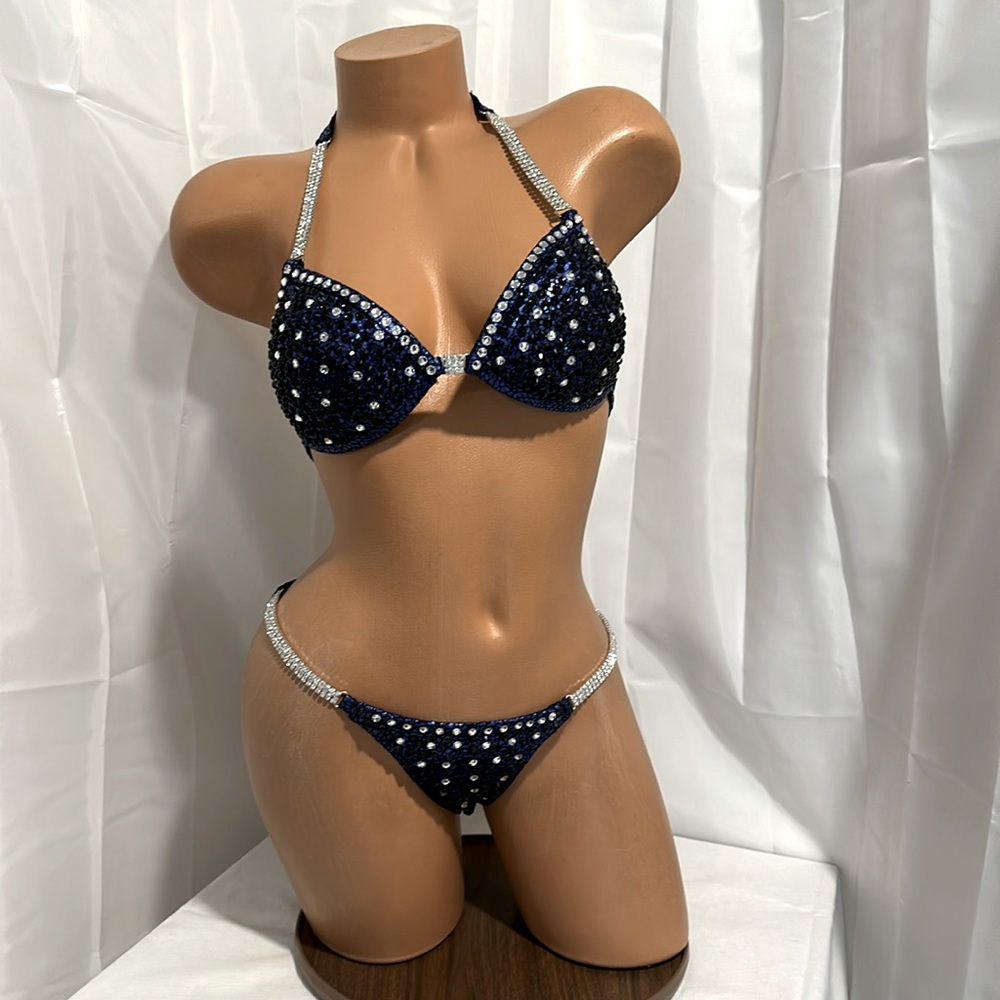 NPC NWT Blue/Black competition bikini posing suit pro cut  CUP 32B SMALL BOTTOM